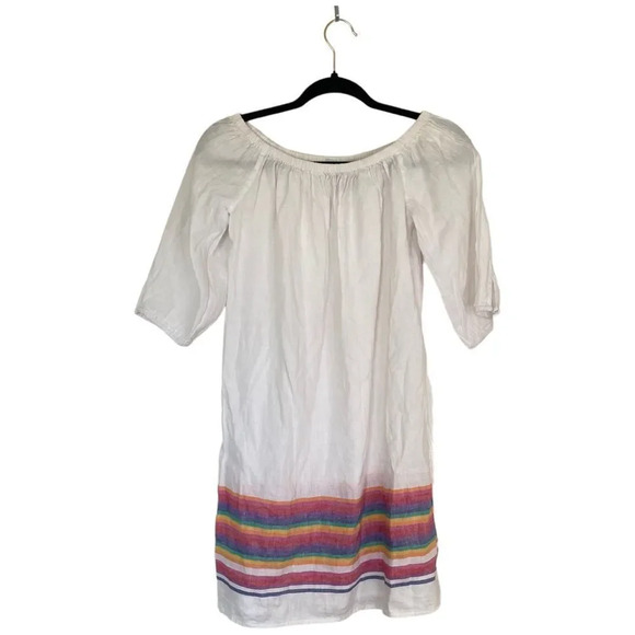 J Crew Linen Mini Dress White Rainbow Stripe Off Shoulder Size XS - Picture 2 of 9